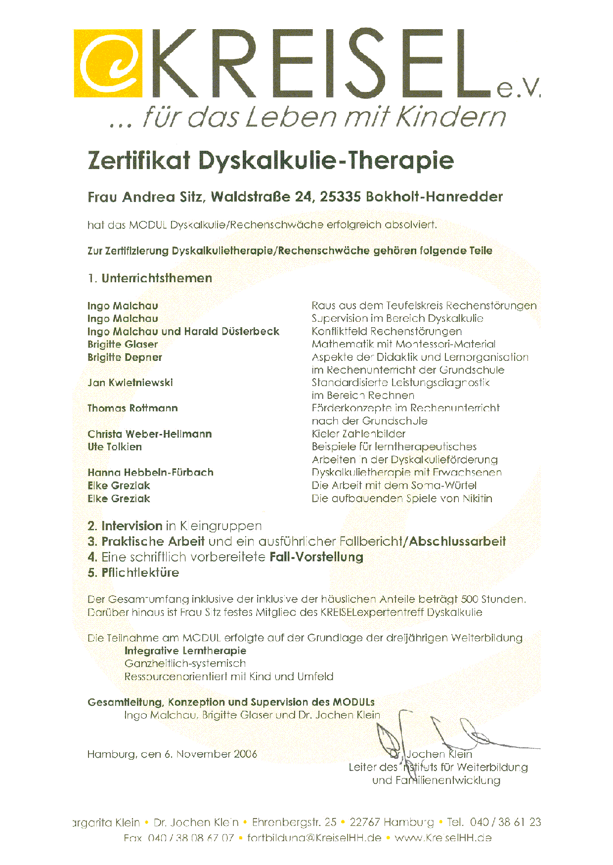 Diskalkulietherapeutin-Zertifikat 2006
